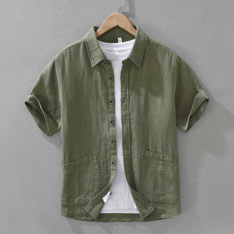 

Chinese Style Cotton Linen Shirts for Men Breathable Summer Shirt 2 Pockets Short Sleeve Button Shirt Daily Casual Tops XXXL зелений
