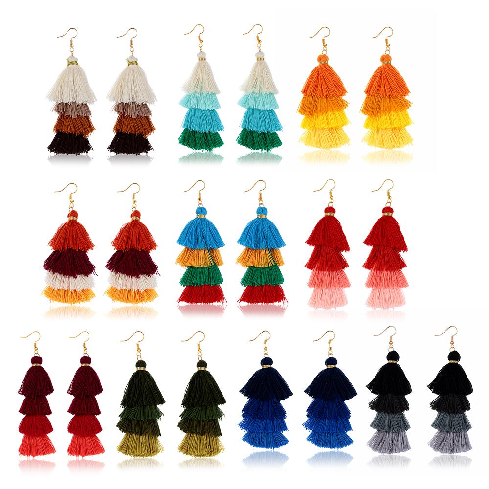 Gradient Ear Stud Silk Fabric Bohemian Long Tassel Earrings Multilayer Drop Dangle Drop Earrings