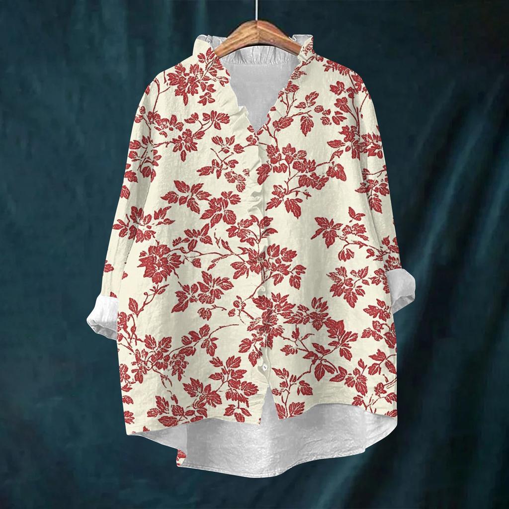 Women's Loose Ruffled Retro Floral Print Stand Collar Long Sleeve Cotton And Linen Top