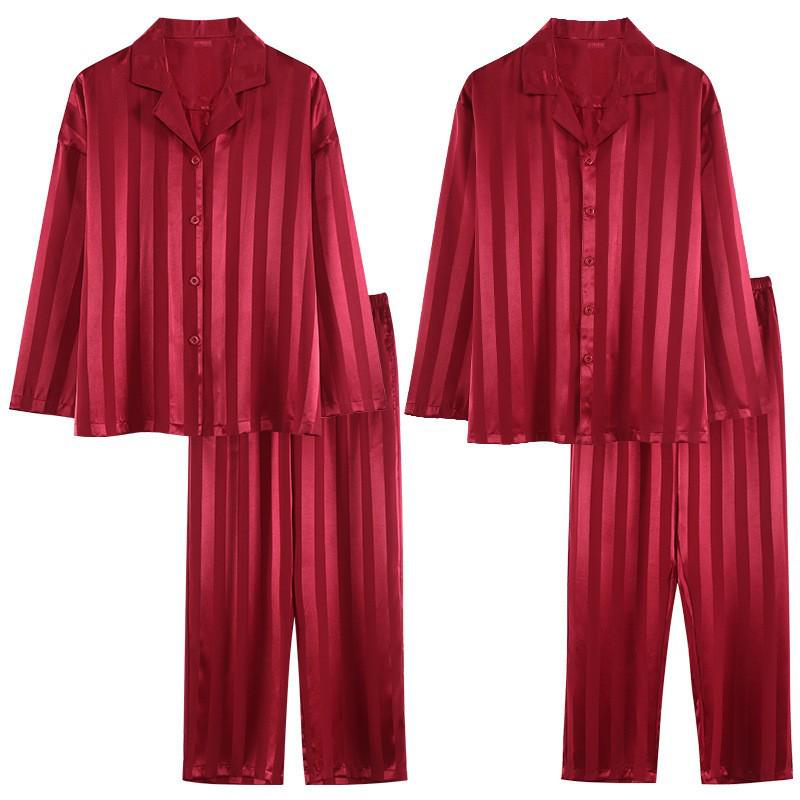 Dames Vår & Høst Jacquardstripet High-End Imitert Silke Pyjamassett - Utendørs Brukbart