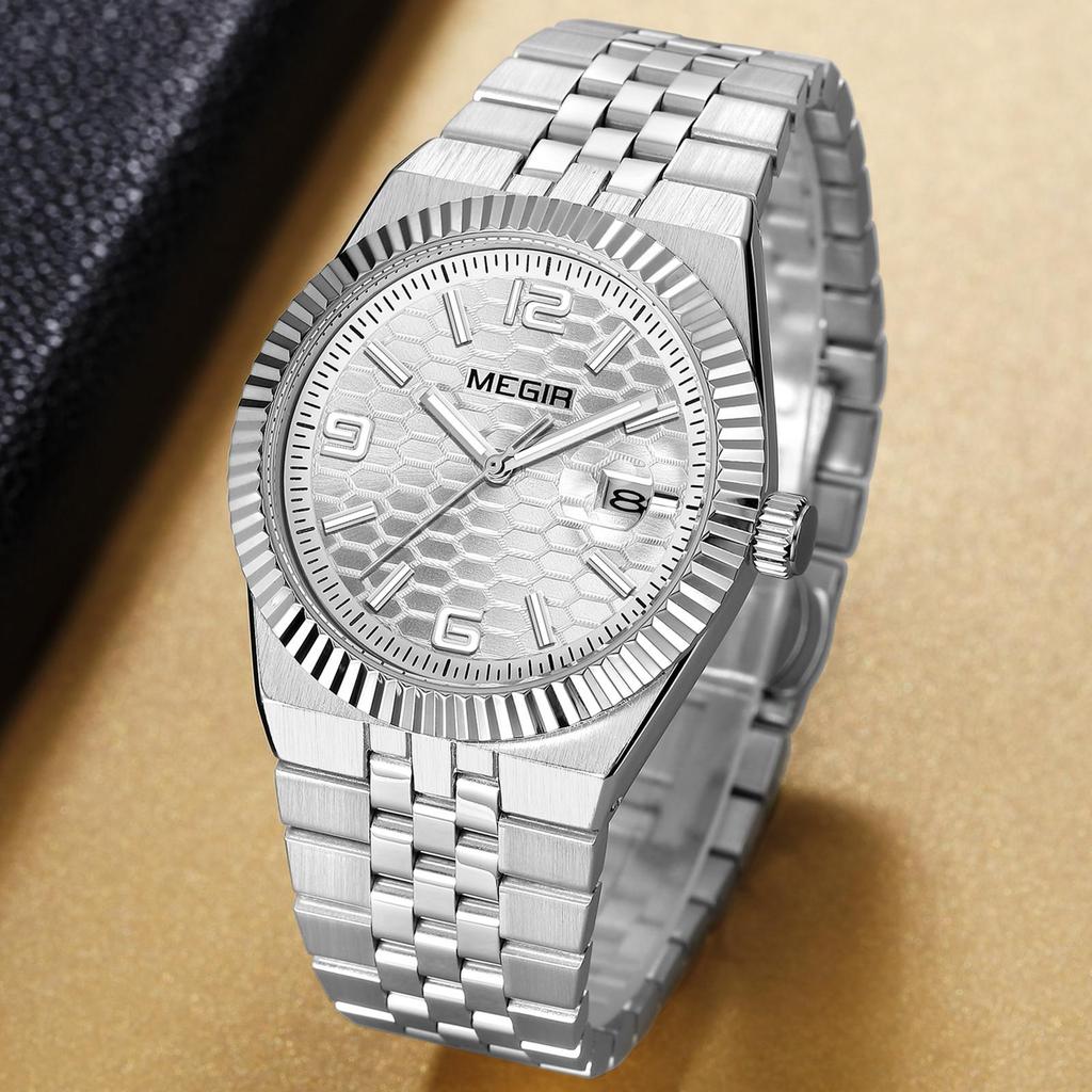 Megir Large Dial Business Leisure Watch Stainless Steel Waterproof Luminous Man Wristwatch Clock Auto Date Gift for Men Reloj Hombre 1101