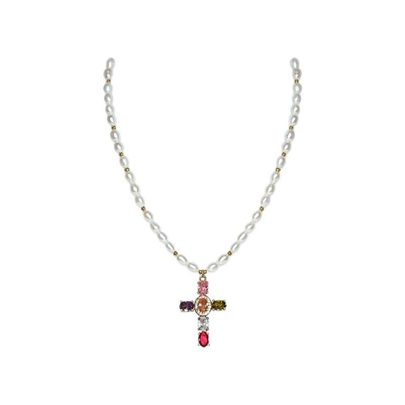 Light Luxury Colorful Zircon Cross Pendant Necklace for Women Girls Fashion Imitation Pearl Bead Necklace Y2K Romantic Jewelry