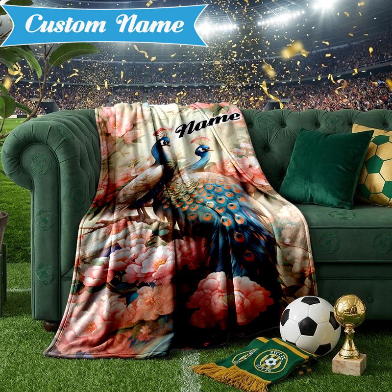 Custom Name Peacock Flowers Romance Blanket Lightweight Ideal Bedding Blanket Perfect for Travel, Camping, Living Rooms, Sofas, Christmas gift