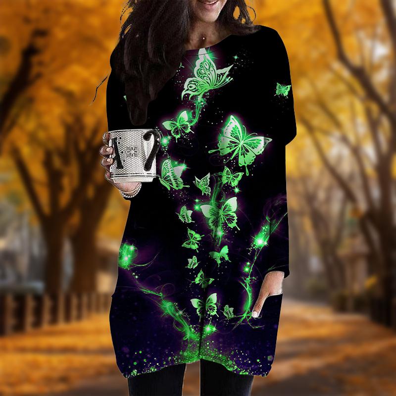 New In Autumn Flowing Butterfly Print Plus Size Dress Women O'neck Long Sleeves Casual Pocket Dresses