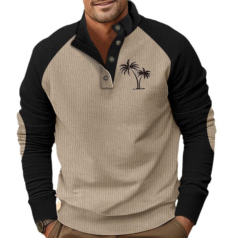 Men's Drop-Shoulder Sleeve Casual Printed Stand-Up Collar Loose-Fit Corduroy Patchwork Sports Sweatshirt