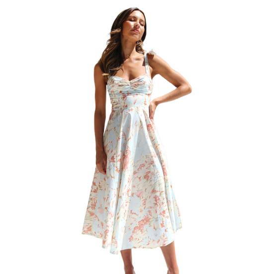 Party Summer Dress Low-cut Floral Print V-neck Backless Sleeveless Dress-up Loose Hem