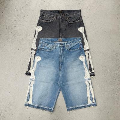Harajuku Street Trend Y2K Bone Embroidery Five-point Jeans Men's Loose Straight Pants Washed Blue Jeans Summer Shorts for Men