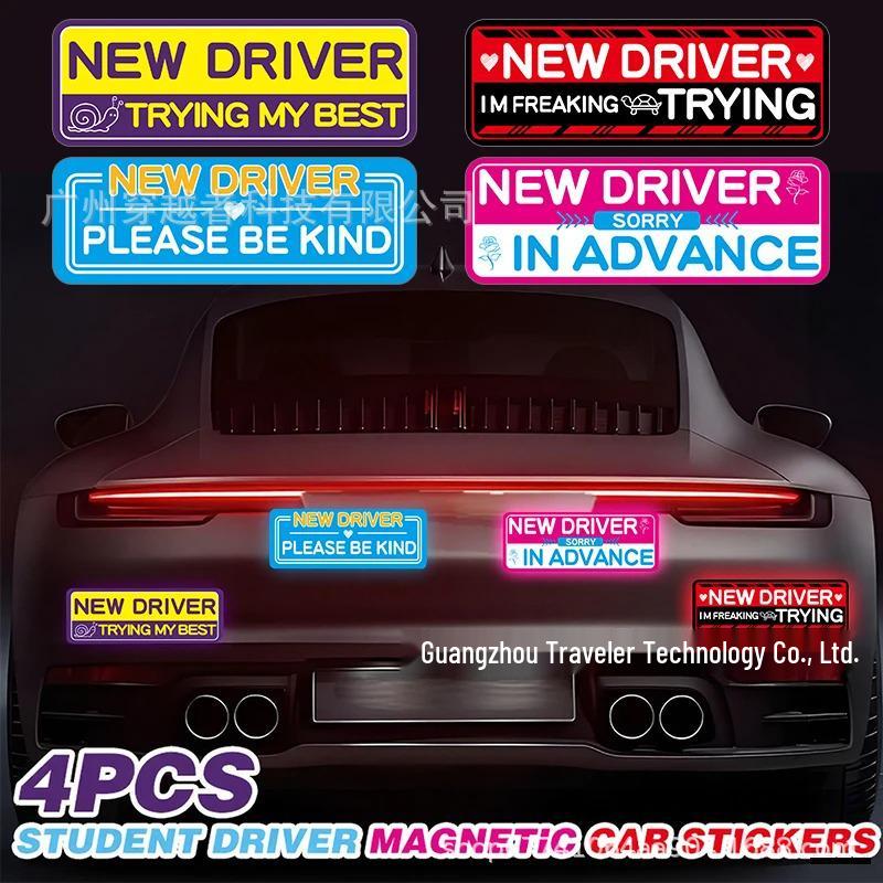 4 Reflective Magnetic Car Stickers: Safety Reminders for Student and Novice Drivers