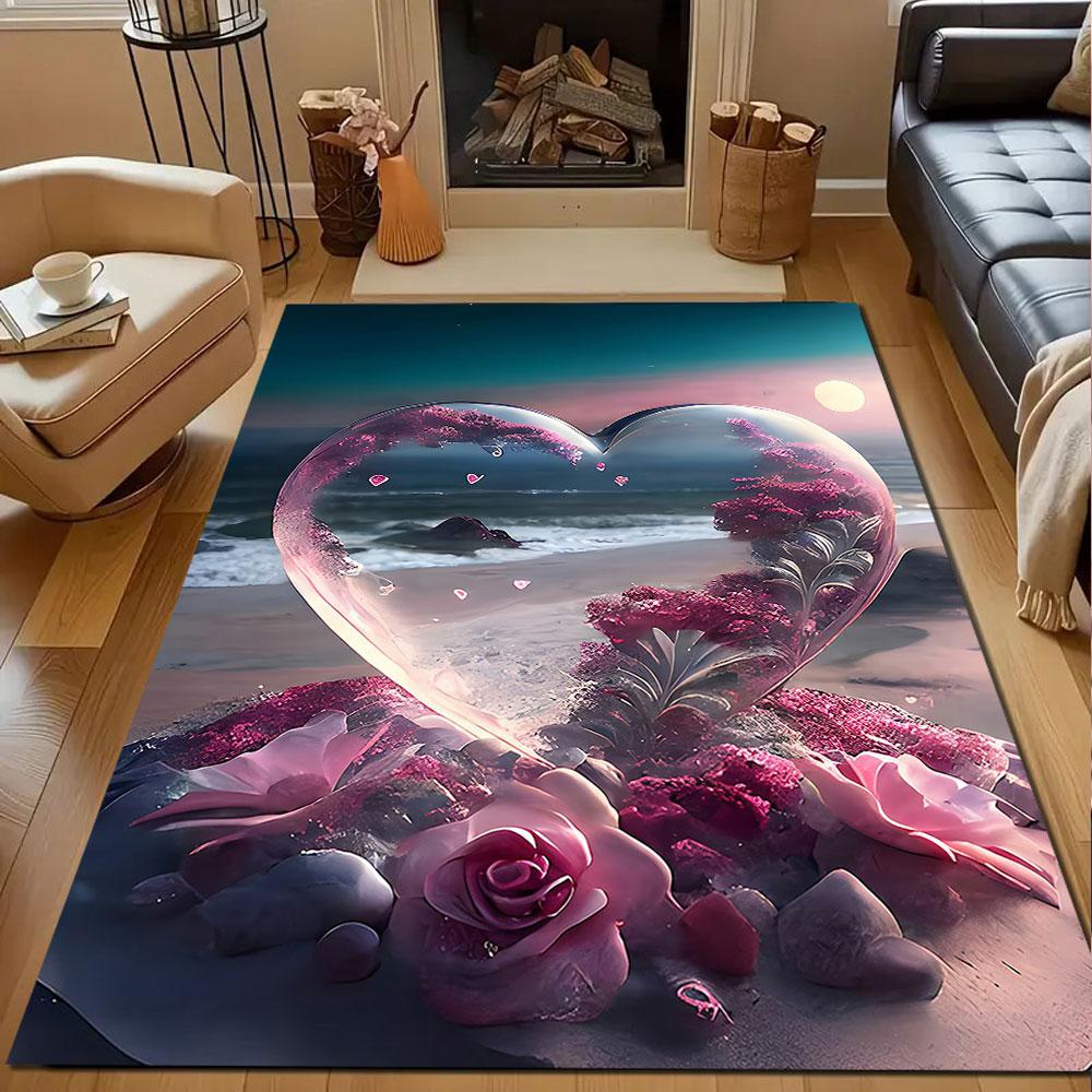 Romantic Heart Beachscape Patterned carpet, non slip mat suitable for living room and bedroom sofas