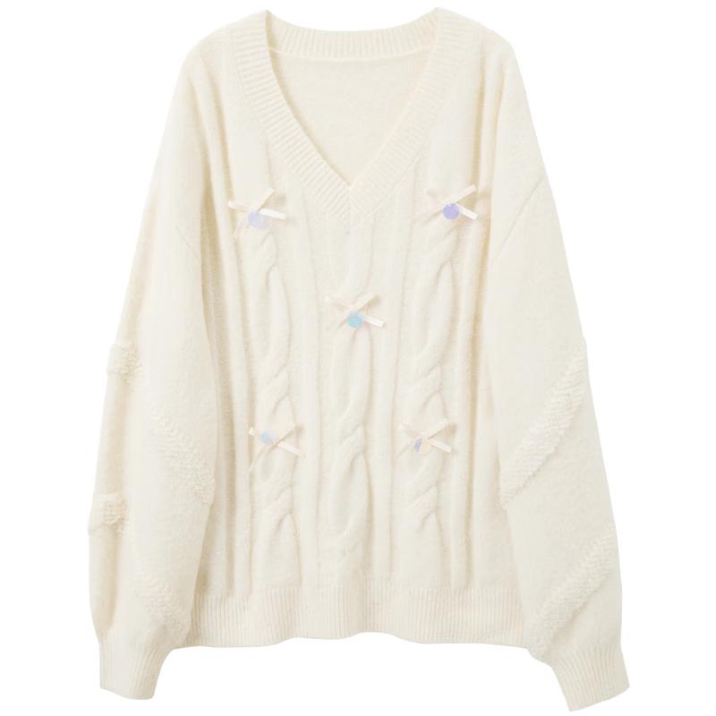 

Sancai 2026 Spring Sequined Bow Cable Knit V-Neck Pullover XL