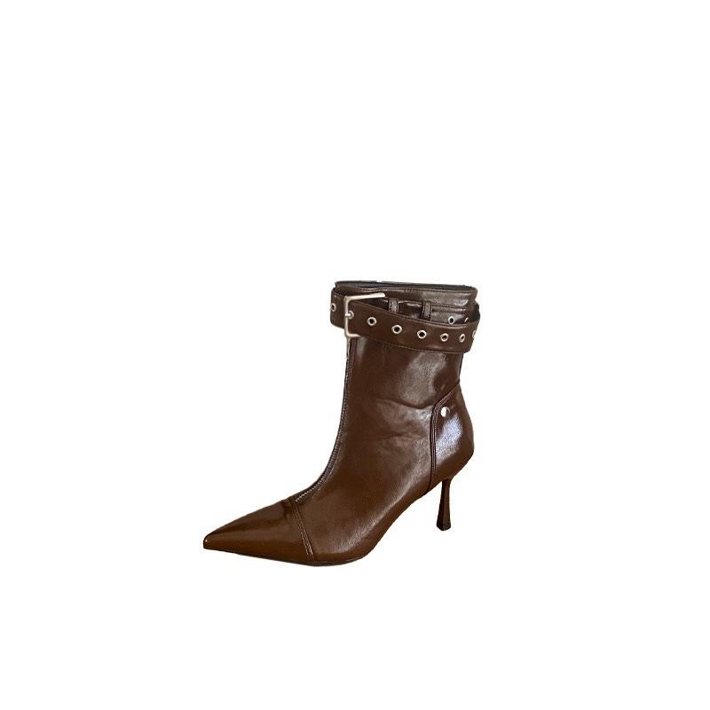 2025 autumn and winter new European and American style belt buckle pointed temperament high heel short boots French front zipper women's boots