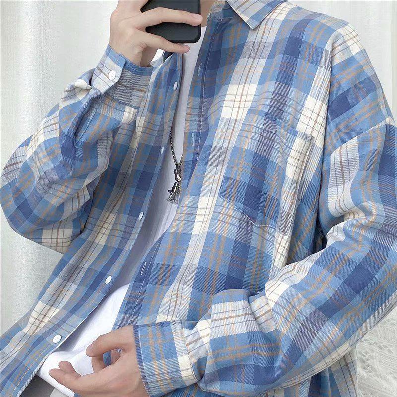 Men's Long-Sleeve Plaid Shirt - Trendy Hong Kong & Korean Style, Lightweight, Casual, Versatile Jacket for Spring & Autumn