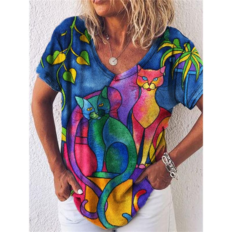 Women's 3d Cats Print T-Shirt Fashion Woman Blouses 2023 Funny Kawaii V-Neck T Shirt Female Clothing Oversized Summer Tops Tees