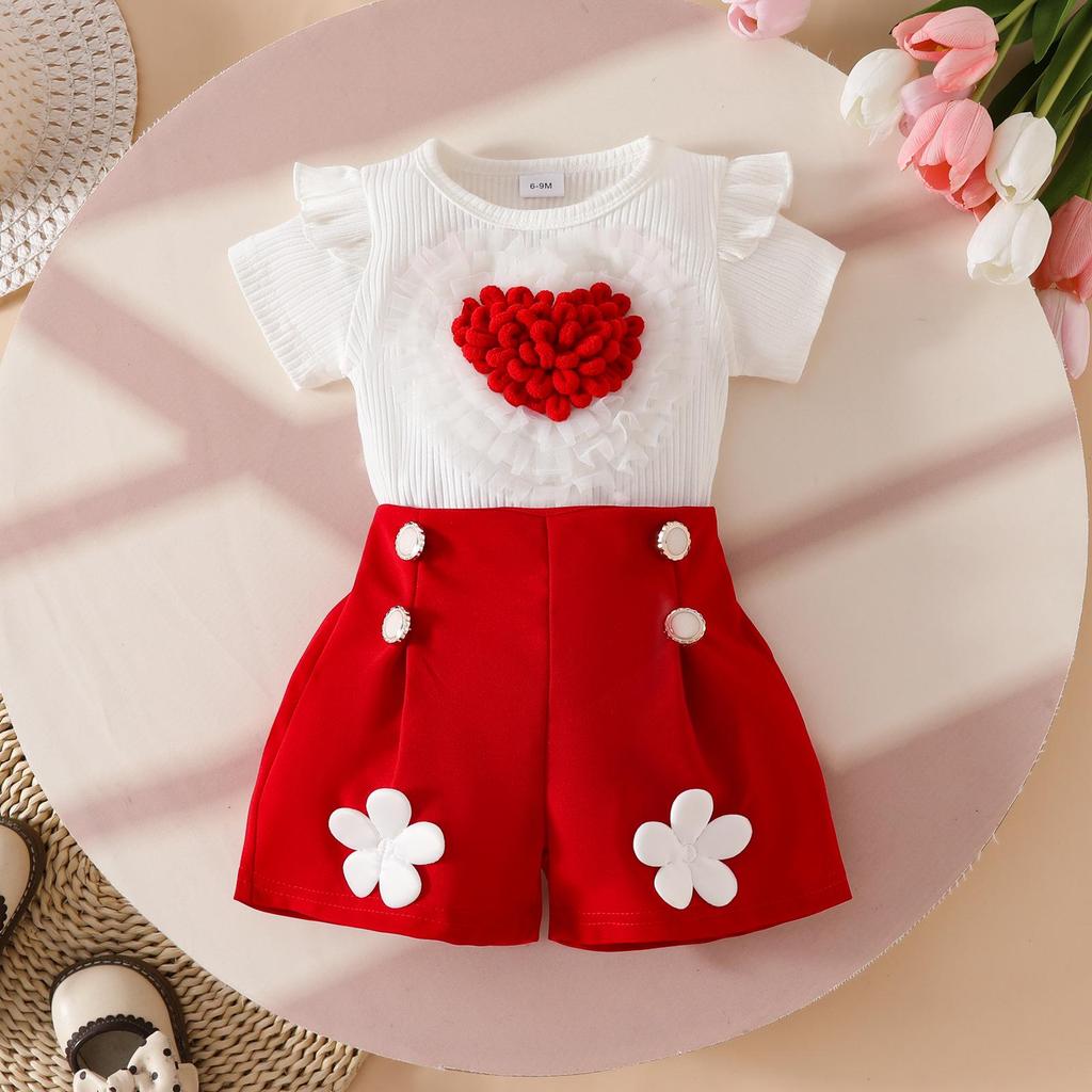 Ensemble 2 pièces Fille Toddler : Haut 3D Cœur et Short à Boutons