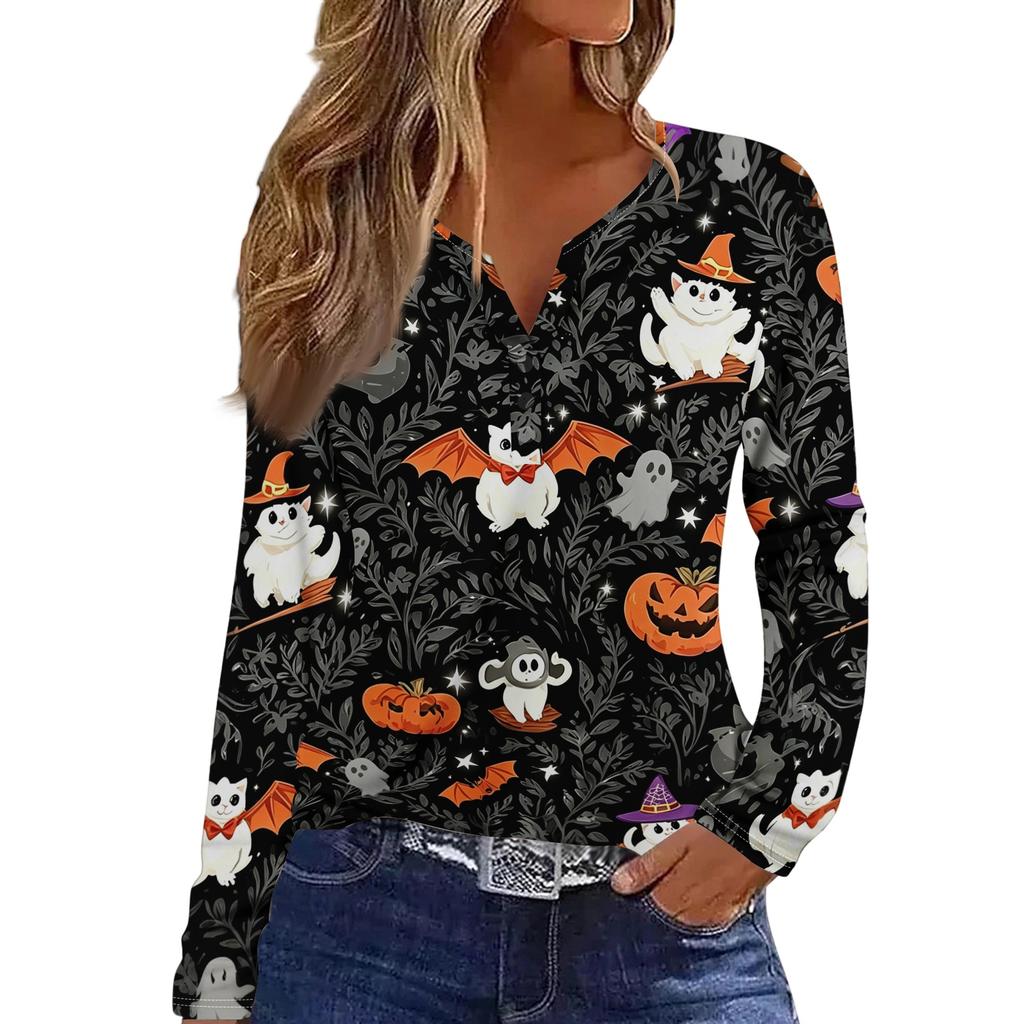 Women's Fashion Casual Halloween Printed V-Neck Button Trim Long Sleeve T-Shirt Top