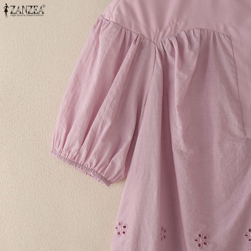 ZANZEA Women Casual Round Neck Short Sleeve Loose Patchwork Crochet Blouse