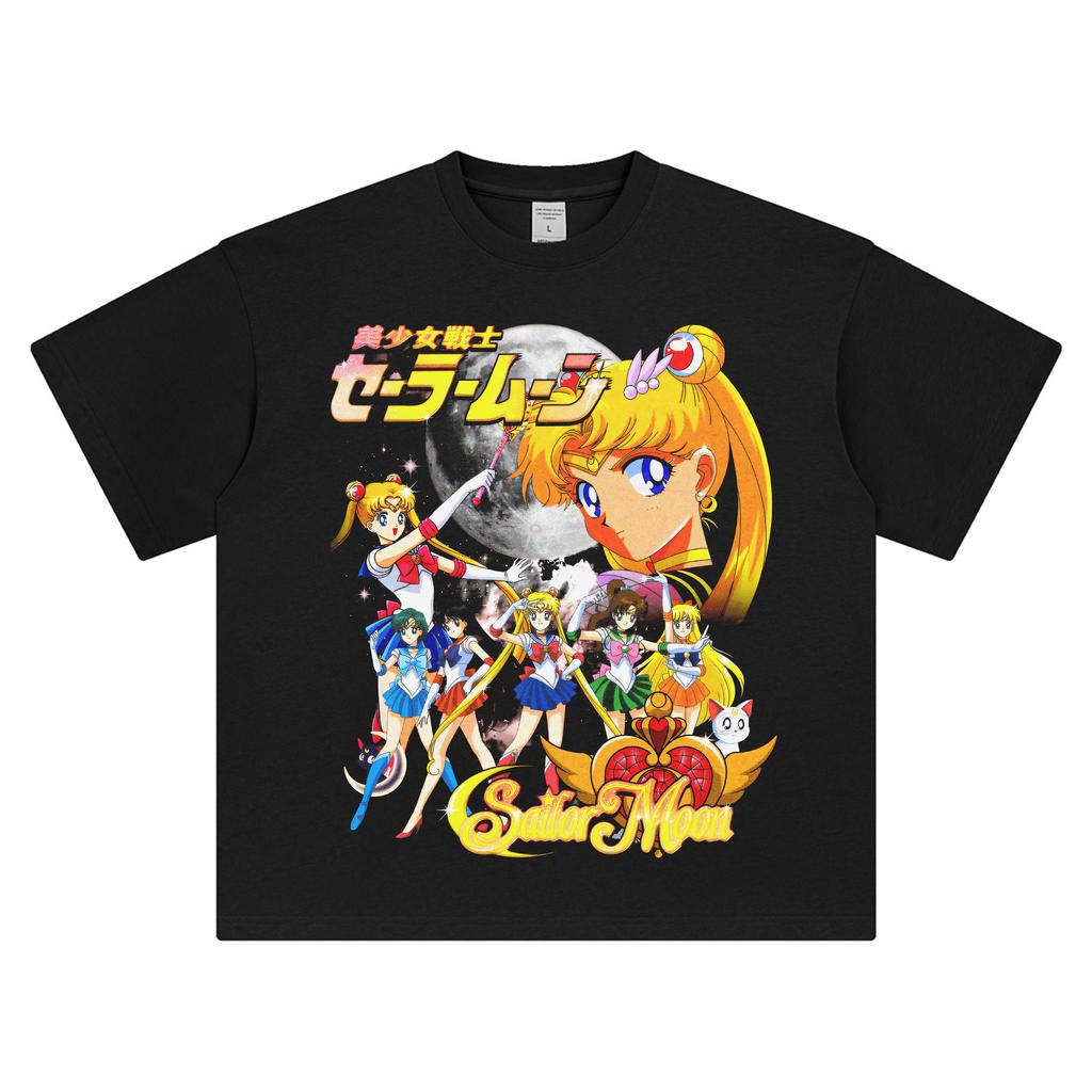 Sailor Moon T-shirt Moon Hare Cartoon Printed Short Sleeve Cotton Heavy Retro Men's and Women's Streetwear