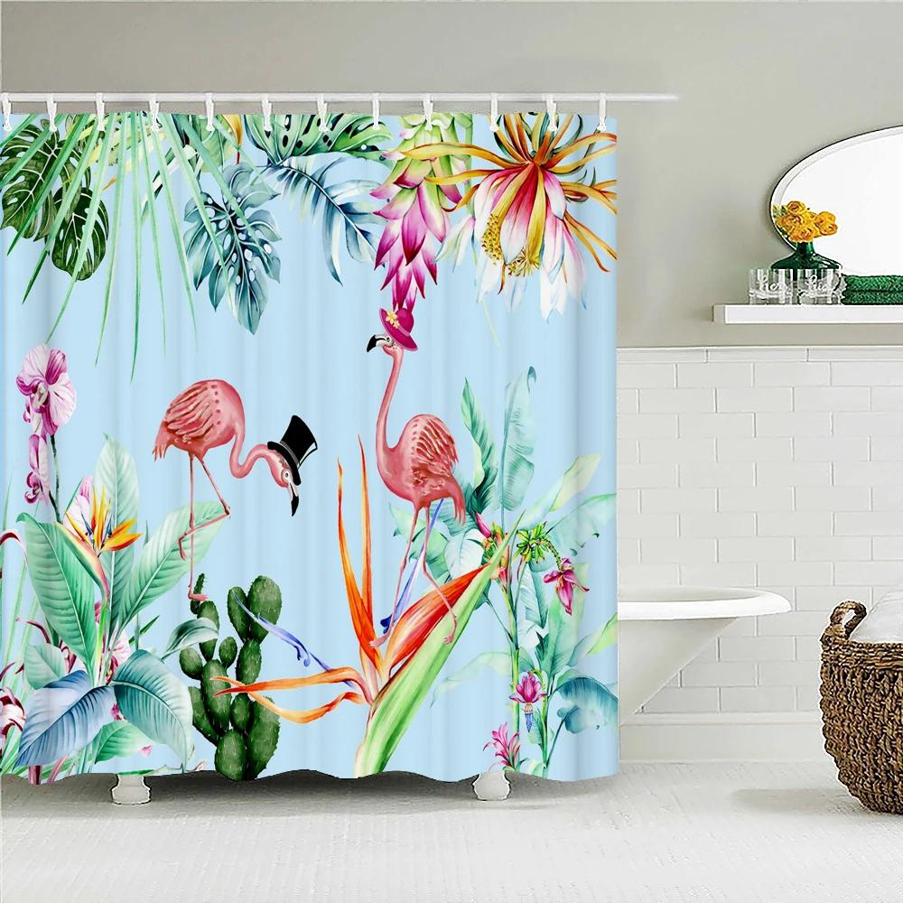 Green Plant Leaves Shower Curtains Bath Curtain Bathroom 3d Printed Fresh Waterproof Polyester Cloth With Hooks Home Decor Mat