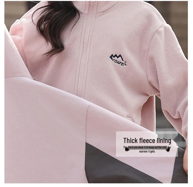 Girls' Fleece-Lined 3-in-1 Detachable Windbreaker Jacket, 2024 Autumn/Winter Style, Big Child Outdoor Thickened Coat.