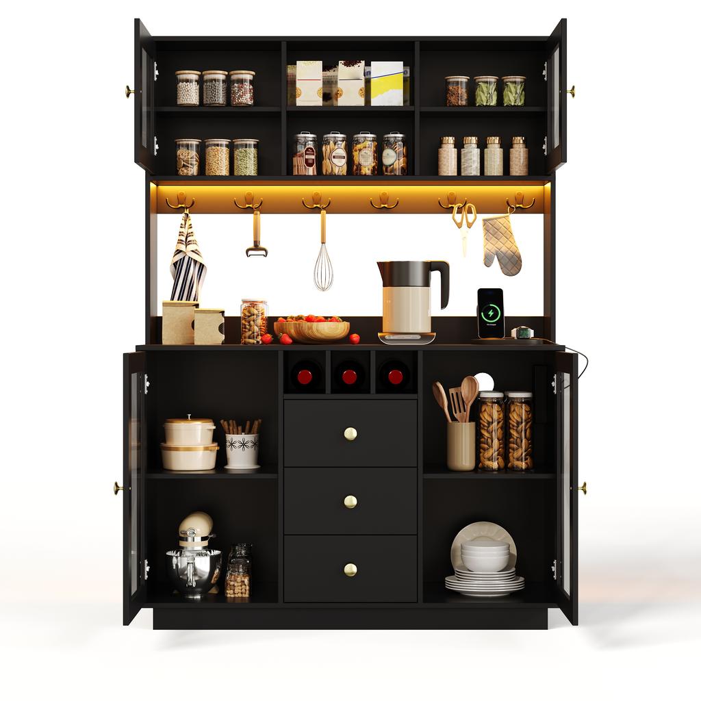 Kitchen Cabinet Tall Storage with LED Lights, Pantry with 3 Drawers and 4 Storage Cabinets, Display for Living Room and Dining Room, 120 × 40 × 170 Cm