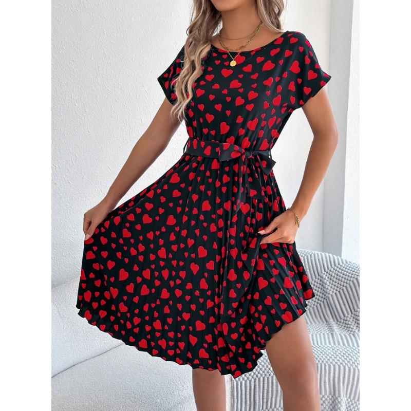 Spring Summer O Neck Printed Casual Short Sleeved Pleated Women Dress Loose Fashion Elegant A-line Party Lace-up Dresses Simple Women's Clothing