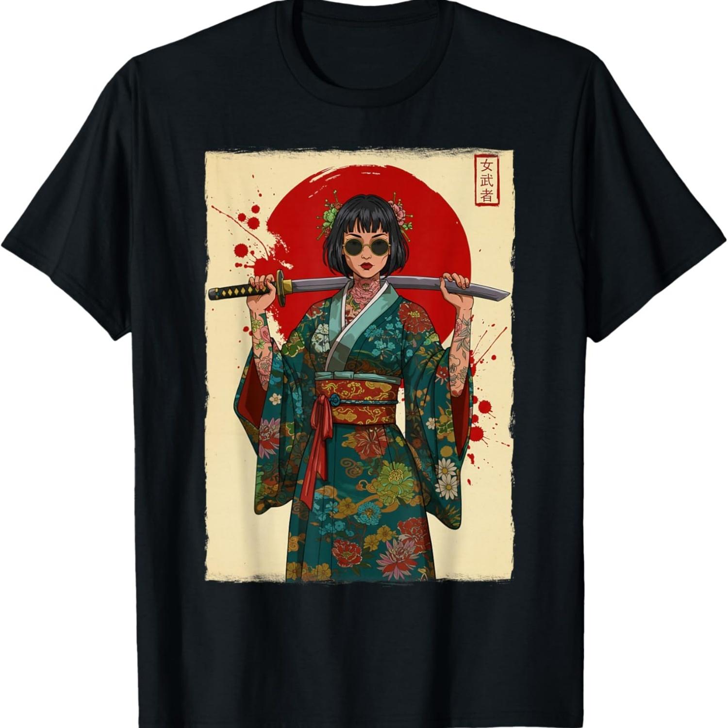 Japanese Samurai Woman Katana Sword Kawaii Female Warrior T-Shirt S