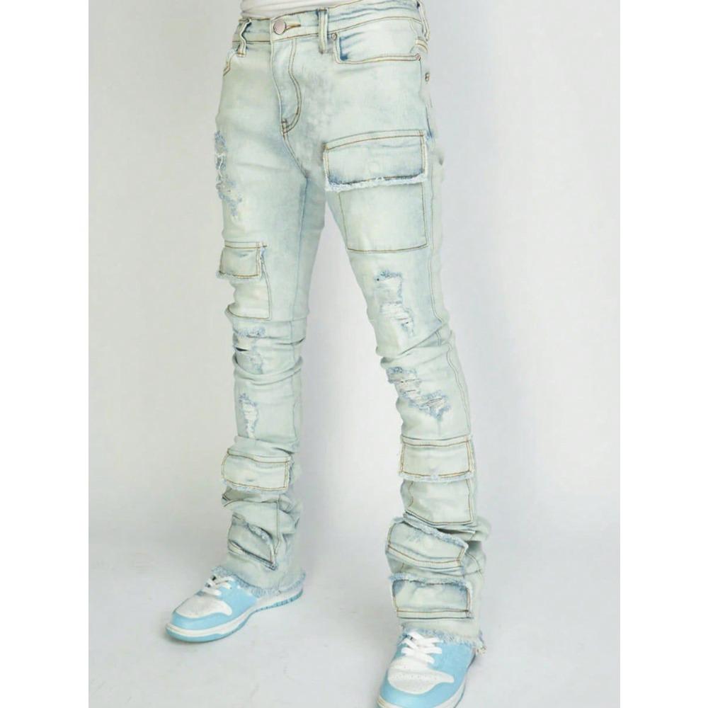 Herren Arbeitsjeans mit geradem Bein: Stilvolle Stretch-Jeans mit Riss-Details und mehrlagigen, leicht ausgestellten Beinen