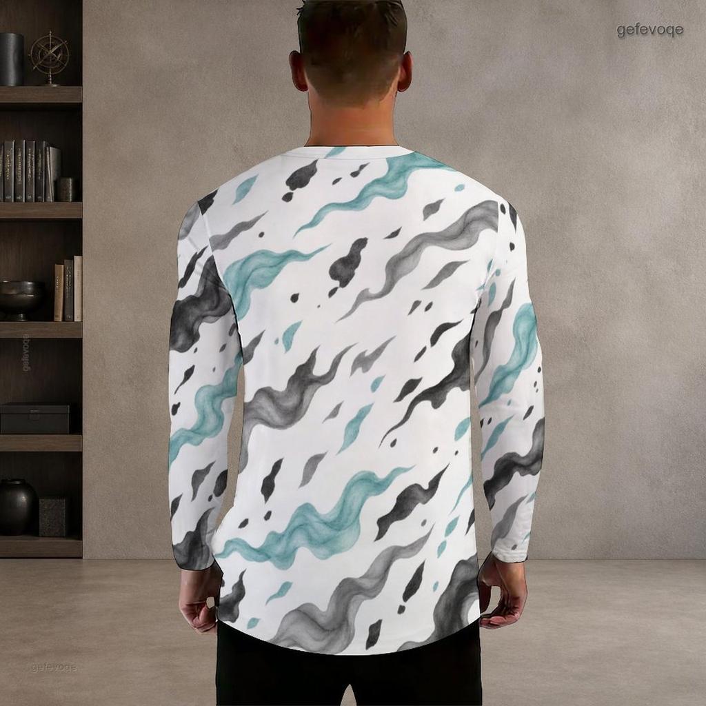 Men Plus Size Round Neck Long Sleeve Printed White T Shirt Casual Pullover