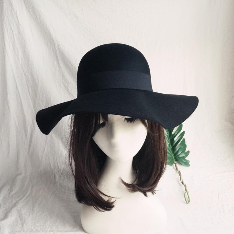 Foreign Trade Export Autumn And Winter Black Camel Woolen Top Hat Big Brim Wavy Felt Hat British Hepburn Retro