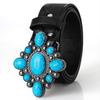 Fashion Bohemian Style Women's Belt Turquoise Inlaid Metal Buckle Personality Vintage Black Embossed PU Leather Belts Plus Size
