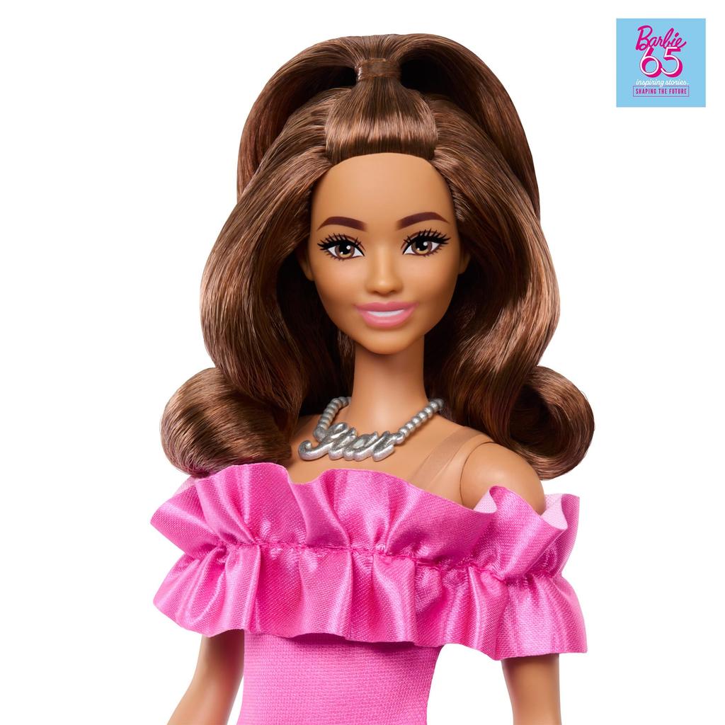 Barbie 65 Fashionista Pink Ruffle Dress Dress-Up Doll and House for Ages 3 and Up, Pink, HRH15