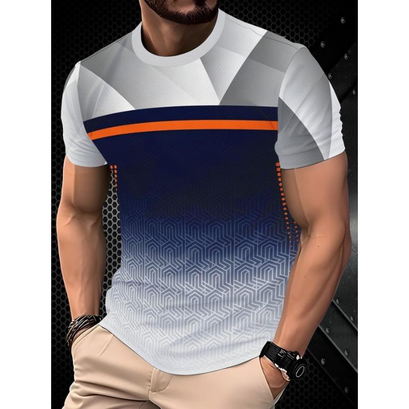 Men's Quick-Dry Breathable Honeycomb Mesh T-Shirt - Summer Short Sleeve Crew Neck with Contrast Orange Stripe & Geometric Gradient Print