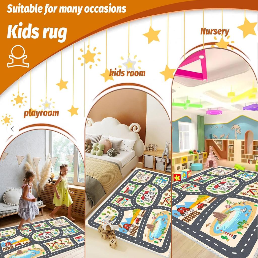 Educational Kids Car Play Rug for Playroom and Classroom, Non-Slip City Life Carpet for Toy Cars, Ideal Gift for Boys and Girls