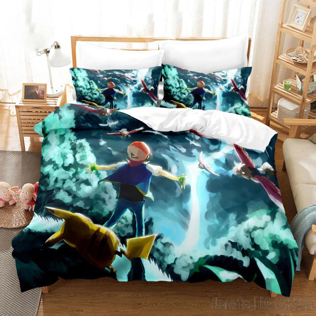 Pokemon Bedding Set Cartoon Anime Children Bedroom Quilt Boy Girl Bedclothes Single Double King Pikachu Duvet Cover Gift