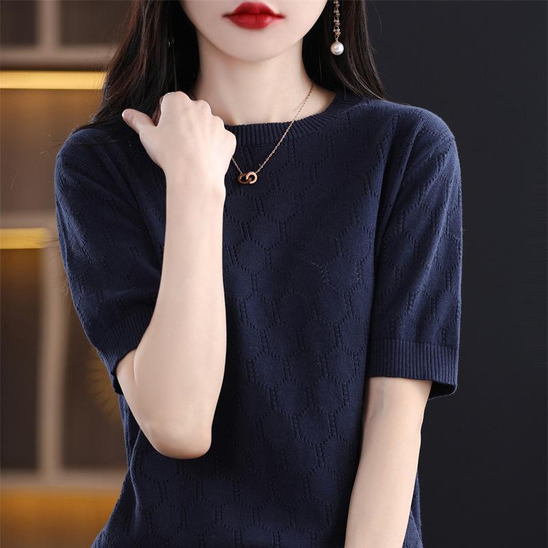 

Модная ажурная хлопковая трикотажная футболка с коротким рукавом для женщин летом, новая футболка с круглым вырезом, свободный топ с рукавом до локтя XXL