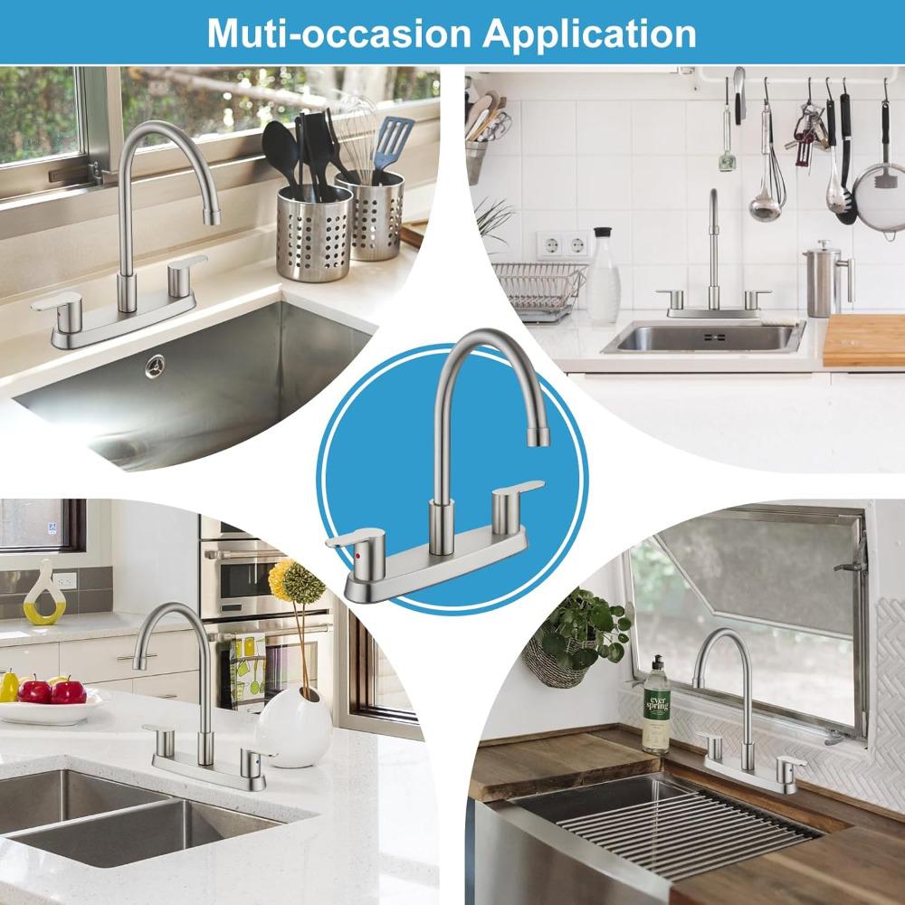 8 Inch Centerset Kitchen Faucet for Sink 3 Hole Dual Handle Kitchen Sink Faucets High Arc 360 Degree Rotating Spout with Supply