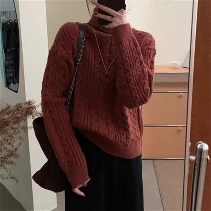 Retro twist turtleneck pullover bottoming sweater women's autumn and winter new soft waxy loose lazy knitted sweater top