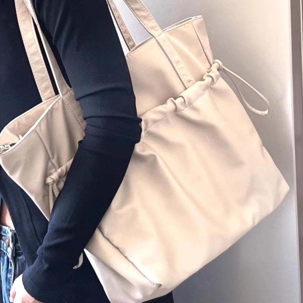 Drawstring Nylon Shoulder Bag Zipper Versatile Commuting Handbag Large Capacity Tote Bag  Women