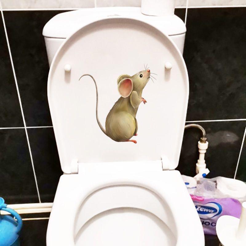 Mouse Looking Up Funny Toilet Stickers Cartoon Urination Toilet Lid WC Door Sticker Removable Self-Adhesive Decor
