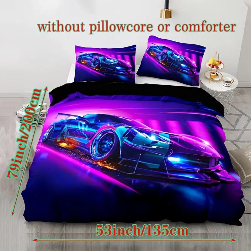 Racing Car Duvet Cover Set - 3D Cartoon Vehicle Print All-Season Bedding Set- 100% Polyester Breathable Fabric, Machine Washable