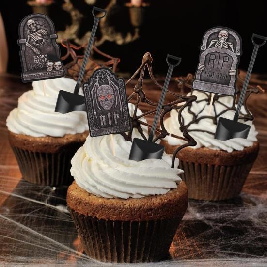 48 Pcs Halloween Cupcake Toppers Tombstones Graveyard Cake Decorations with Mini Shovel Spoons for Halloween Birthday Party Supplies