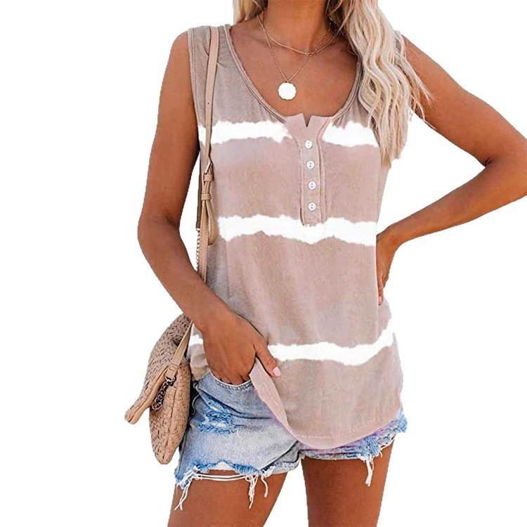 Urban Style T Shirt With Striped Print And Button Back For Casual Wear