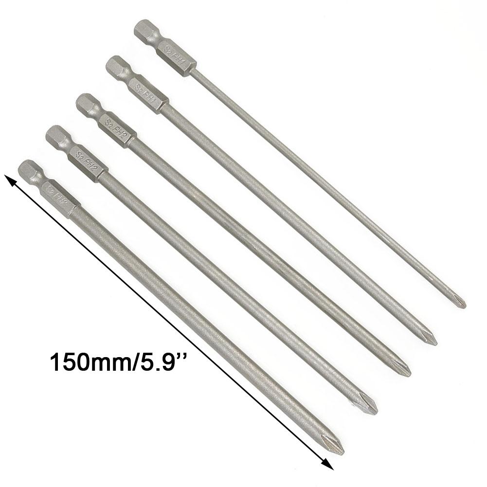Magnetic Cross Head Screwdriver Bits 150mm Long 1/4 Hex Shank Set of 5