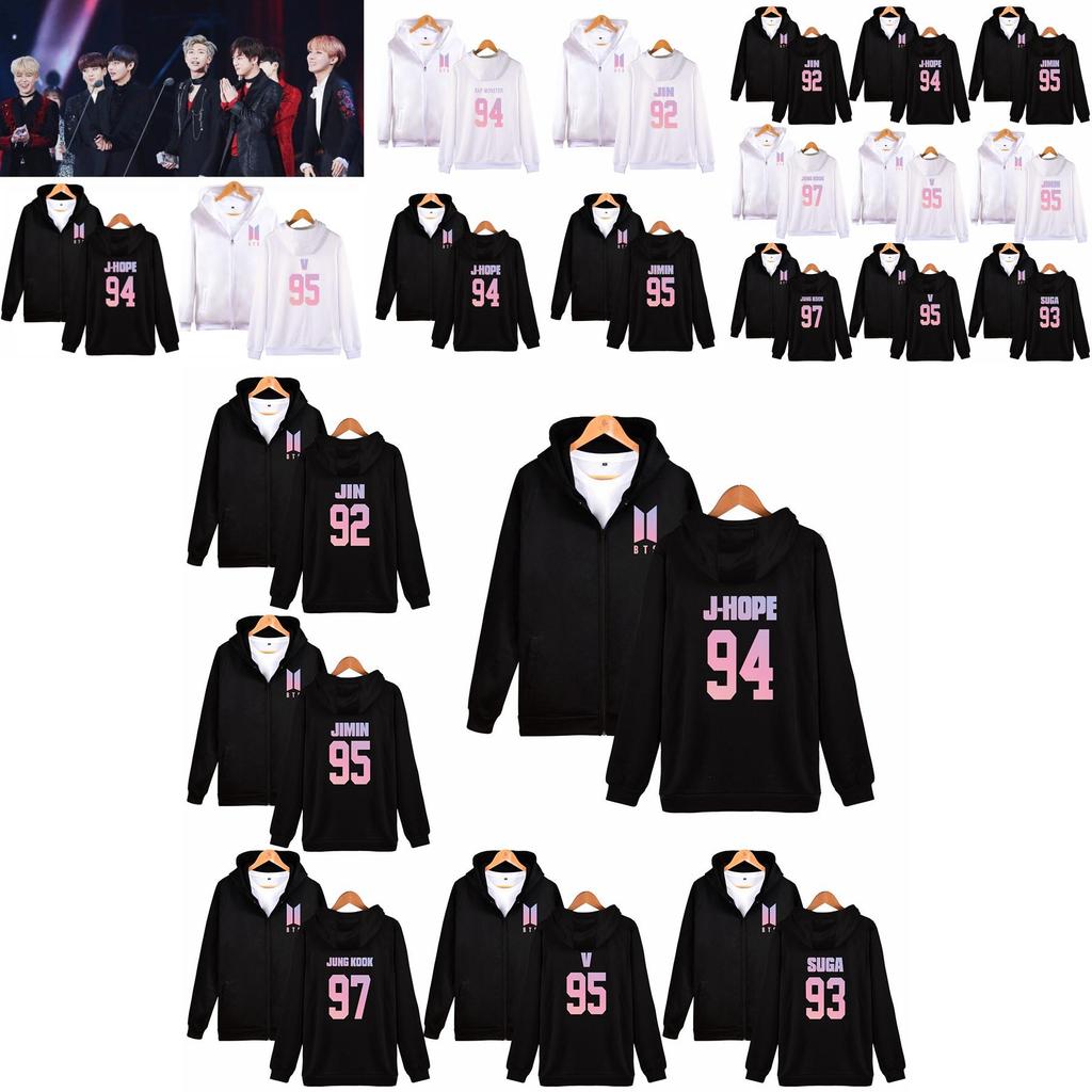 Sweat à capuche avec fermeture éclair et motif BTS pour adolescents, style décontracté