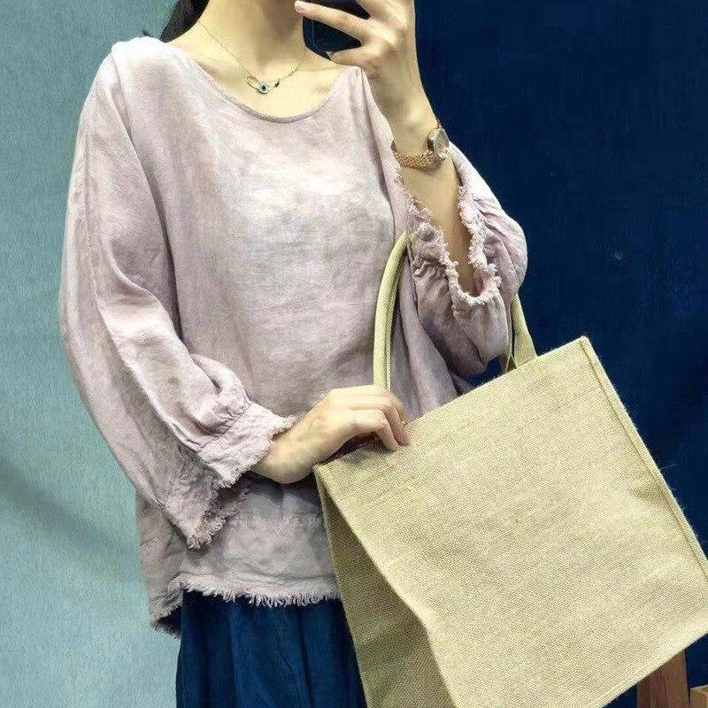 

Johnature осенние винтажные однотонные льняные женские топы с кисточками Mori, повседневные свободные рубашки с круглым вырезом и крыльями летучей мыши One Size розовый