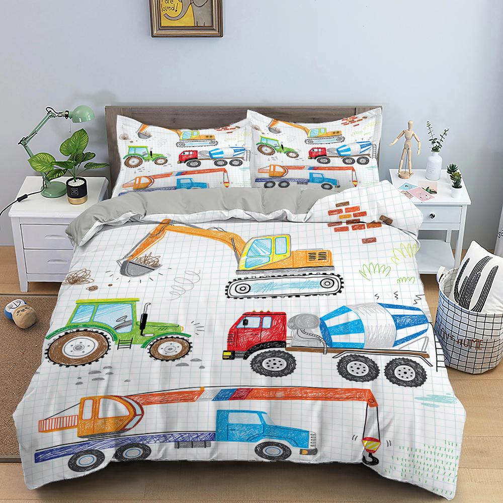 Comforter 2/3Pcs Simple Cartoons Car Bedding Set High Quality Child Excavator Crane Twin Single Full Queen King Size