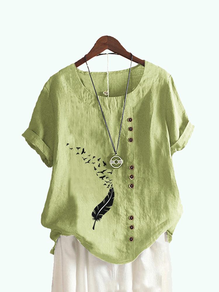 Women Fashion Round Collar Floral Print T-shirt Casual Short Sleeve Top Ladies Loose Blouses