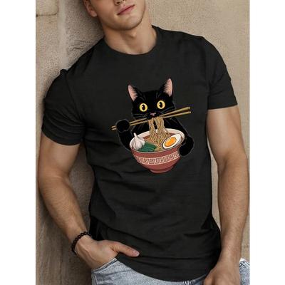 Europäische Größen Schwarze Katze mit Ramen Herren Kurzarm-T-Shirt Sommer-T-Shirt Top