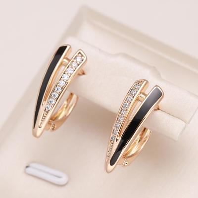 Orecchini Pendenti Moda Donna Oro Rosa Geometria Smalto Nero Zircone Naturale Orecchini Gioielli Quotidiani di Alta Qualità