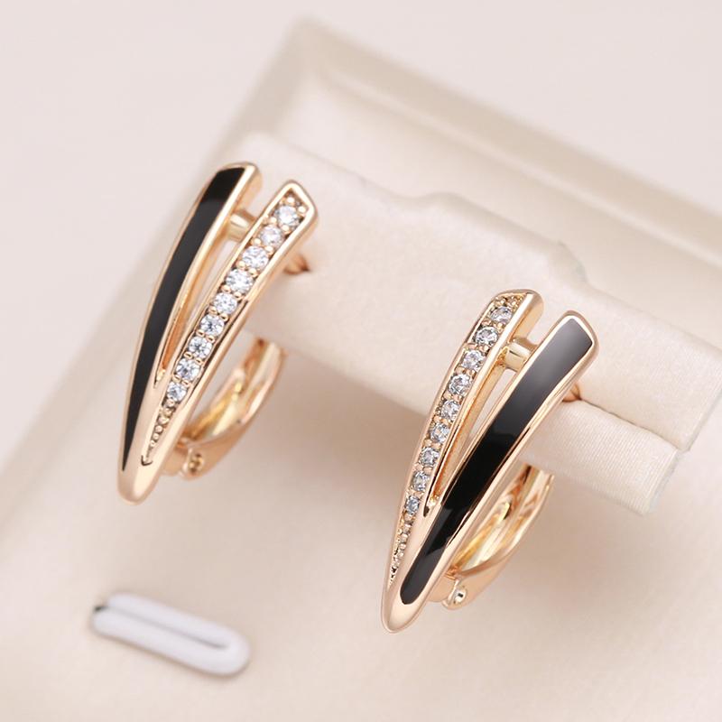 Fashion Women Dangle Earrings  Rose Gold Geometry Black Enamel Natural Zircon Earrings High Quality Daily Jewelry